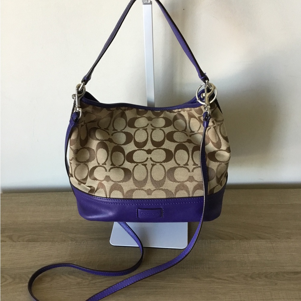 Coach Mini Hobo Crossbody Bag Brown Jacquard w/Purple Leather Trim w/Charm